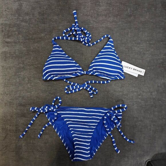 Lucky Brand Women's Blue & White Striped textured bikini Set Size Medium - Picture 1 of 10